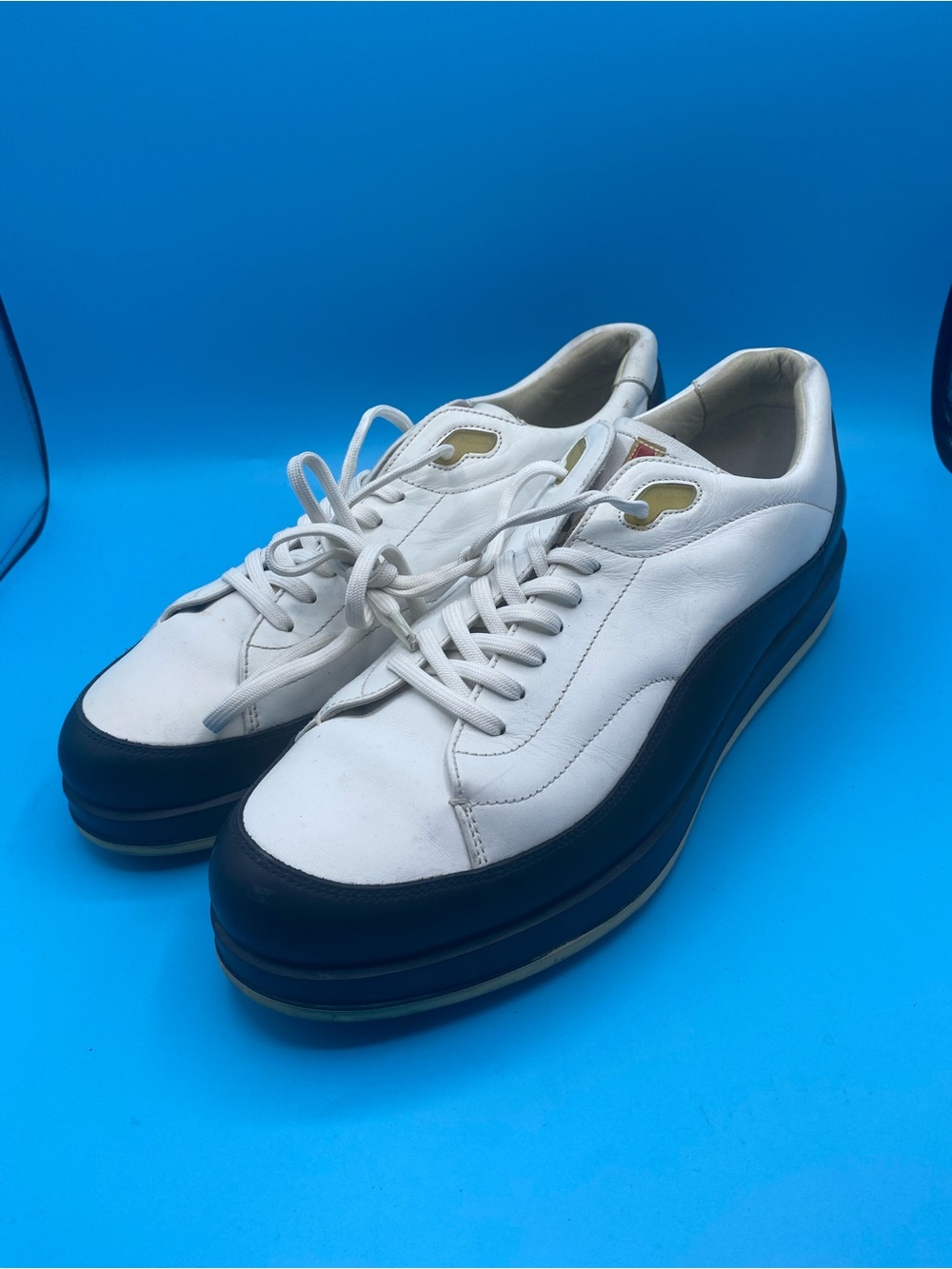 Prada White and Black Low-Top Leather Sneakers - Picture 4 of 6